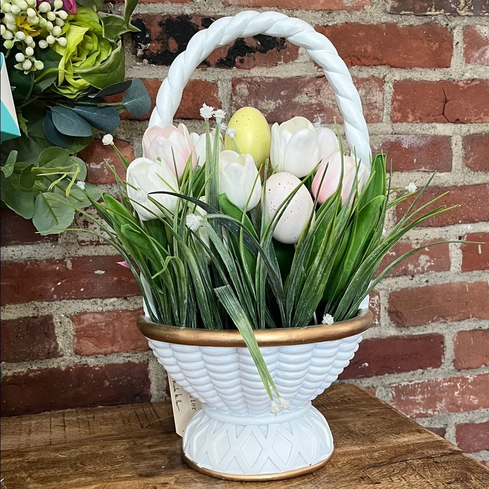 Nicole Miller White Basket Planter with Pink & White Tulips and Pastel Eggs